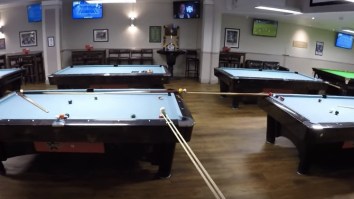 God Himself Would Be Impressed By This Insane Golf Trick Shot That Goes Down The Stairs And Across 9 Pool Tables