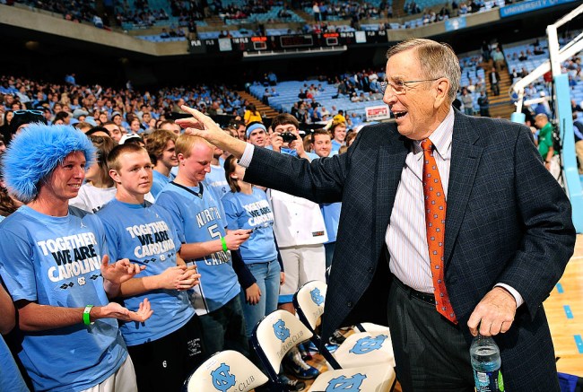CHAPEL HILL, NC - NOVEMBER 30:  ESPN announcer Brent Musberger greets the fans before a game between the North Carolina Tar Heels and the Wisconsin Badgers at the Dean Smith Center on November 30, 2011 in Chapel Hill, North Carolina. North Carolina won 60-57.  (Photo by Grant Halverson/Getty Images)