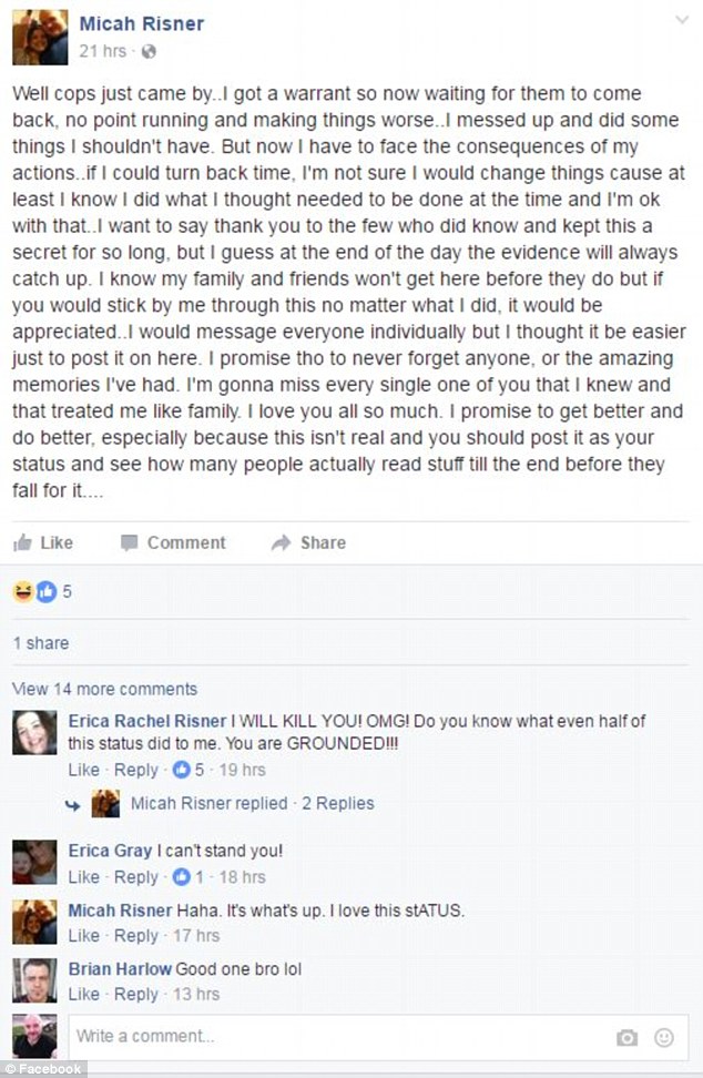 Man faked murder scene by pouring ketchup over his fiancée before sending photos around and posting an apology on Facebook pretending he killed her - just to prank their friends