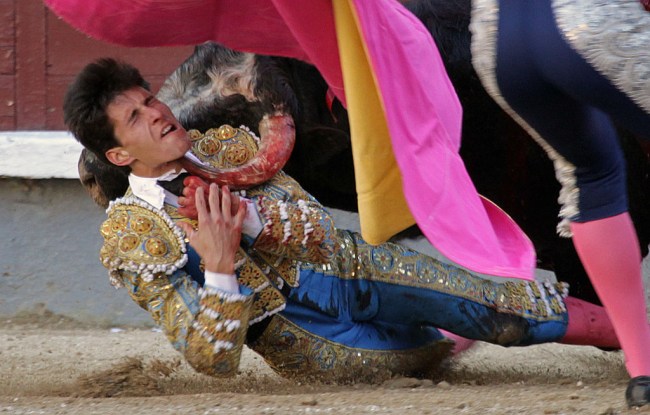 MADRID, SPAIN - APRIL 02: Bullfighter Daniel Garcia Navarrete is gored by a bull at Las Ventas bullring at Las Ventas Bullring on April 2, 2017 in Madrid, Spain. (Photo by Europa Press/Europa Press via Getty Images)