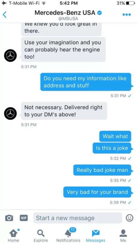 Mercedes-Benz trolls twitter follower