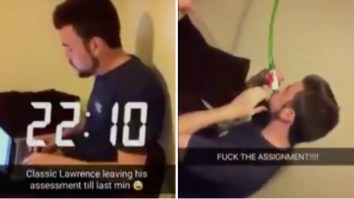 College Dude Trying To Finish His Final Paper At The Last Minute Won’t Let Responsibility Get In The Way Of Boozing