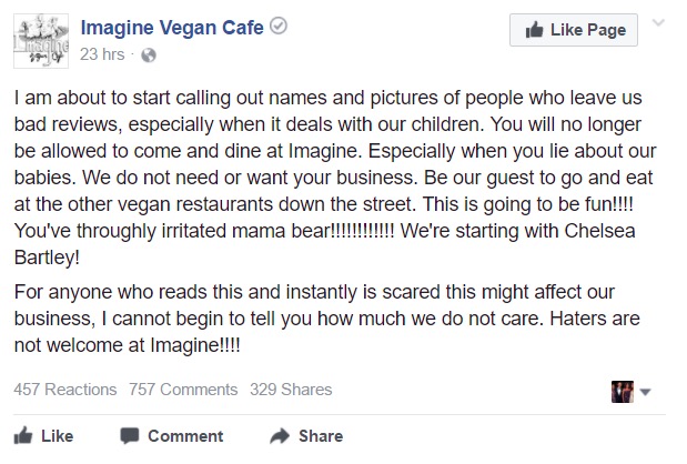 Imagine Vegan Cafe Facebook Meltdown