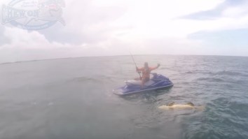 Bro Somehow Catches An Enormous Goliath Grouper While Fishing From A Jet Ski In Rough Seas