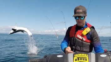 Jet Ski Fisherman Nearly Loses It When A Mako Shark Flips Out Of The Water Next To Him