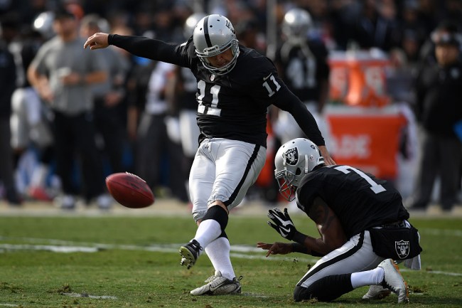 OAKLAND, CA - DECEMBER 04:  Sebastian Janikowski #11 of the Oakland Raiders kicks a field goal against the Buffalo Bills during their NFL game at Oakland Alameda Coliseum on December 4, 2016 in Oakland, California.