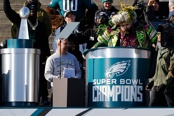 Jason Kelce speaks at a ceremony honoring the Philadelphia Eagles Super Bowl win Philadelphia