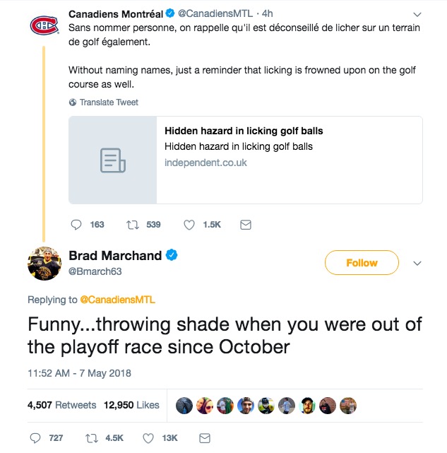 Brad Marchand and Montreal Canadiens Twitter feud 
