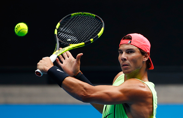 Rafael Nadal of Spain plays a shot during a practice session ahead of the 2018 Australian Open at Melbourne Park on January 13, 2018 in Melbourne, Australia.  (Photo by Scott Barbour/Getty Images)