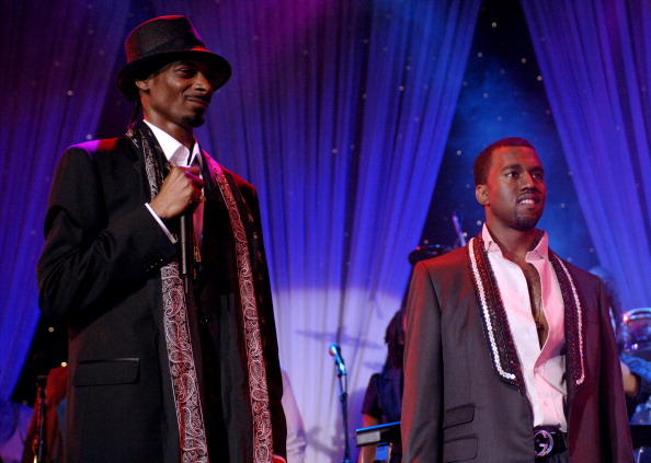 Snoop Dogg and Kanye West perform during 2006 Clive Davis Pre-GRAMMY Awards Party - Show at Beverly Hilton in Beverly Hills, California, United States. (Photo by L. Busacca/WireImage for J Records)