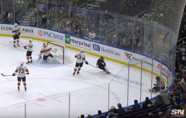 St. Louis Blues score goal off deflection ref tim peel