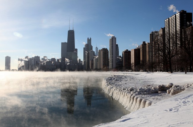 CHICAGO - JANUARY 07: The Chicago Skyline, as photographed from North Avenue Beach as steam rises from Lake Michigan due to the "Polar Vortex" sending temperatures well below zero in Chicago, Illinois on JANUARY 07, 2014. (Photo By Raymond Boyd/Getty Images)