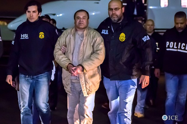 NEW YORK, NY - JANUARY 19, 2017: In this handout provided by U.S. Immigration and Customs Enforcement, Federal authorities announced Friday that Joaquin Archivaldo Guzman Loera, known by various aliases including, âEl Chapo,â? will face charges filed in Brooklyn, New York, following his extradition to the United States from Mexico. Guzman Loera arrived in New York under heavy escort by special agents with U.S. Immigration and Customs Enforcement (ICE) Homeland Security Investigations and the Drug Enforcement Administration (DEA) and other authorities. (Photo by Ted Psahos/U.S. Immigration and Customs Enforcement via Getty Images)