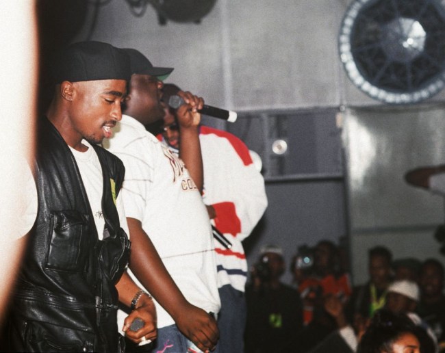 NEW YORK - JULY 23:  Rappers Tupac Shakur, The Notorious B.I.G. aka Biggie Smalls (Christoper Wallace) and Puff Daddy (sean Combes) perform onstage at the Palladium on July 23, 1993 in New York, New York. (Photo by Al Pereira/Michael Ochs Archives/Getty Images)