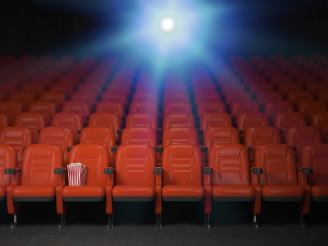 Cinema and movie theater concept background. Empty rows of red seats with popcorn.