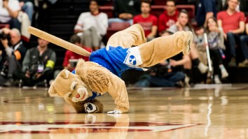 I Can’t Stop Watching BYU’s Mascot Dunk From The 3-Point Line After Being Launched Into Space By Four Dudes