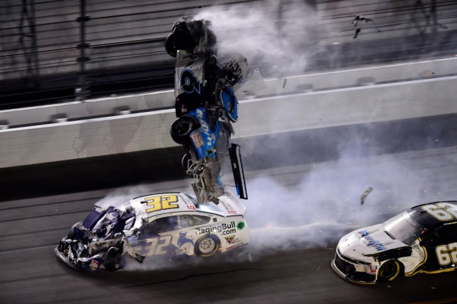 Ryan Newman, driver of the #6 Koch Industries Ford, flips over as he crashes during the NASCAR Cup Series 62nd Annual Daytona 500 at Daytona International Speedway.