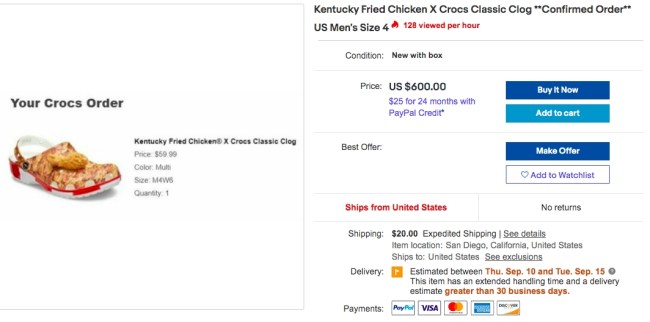 kfc crocs sold out ebay prices