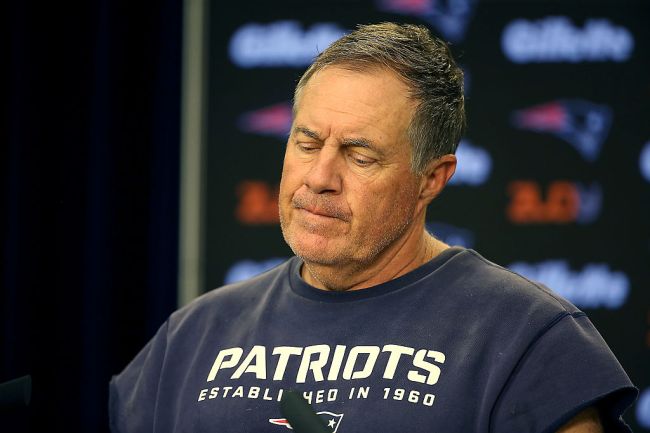 bill belichick tattered sweatshirt press conference