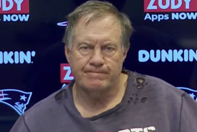 bill belichick tattered sweatshirt press conference