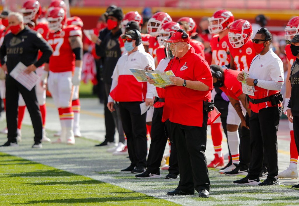 Andy Reid Kansas City Chiefs coach wearing face shield