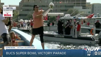 Tom Brady Threw The Lombardi Trophy Over The River To Rob Gronkowski On Another Boat During Super Bowl Parade