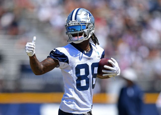 OXNARD, CA - AUGUST 03: Wide receiver CeeDee Lamb #88 of the Dallas Cowboys gives a thumbs up after catching a pass during practice at River Ridge Complex on August 3, 2021 in Oxnard, California.