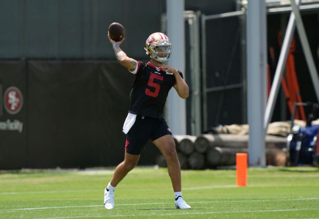 SANTA CLARA, CALIFORNIA - MAY 14: Trey Lance #5 of the San Francisco 49ers works out during an OTA rookie mini camp at Levi Stadium on May 14, 2021 in Santa Clara, California.