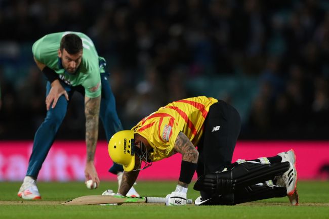 LONDON, ENGLAND - AUGUST 08: Alex Hales of Trent Rockets Men is hit in the most painful spot for the second ball in a row from Reece Topley of Oval Invincibles Men during The Hundred match between Oval Invincibles Men and Trent Rockets Men at The Kia Oval on August 08, 2021 in London, England.