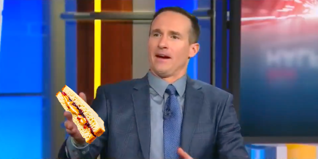 Drew Brees Mike Tirico Michele Tafoya Tony Dungy Al Michaels Sunday Night Football Chiefs Bills Peanut Butter Jelly Sandwich PB&J