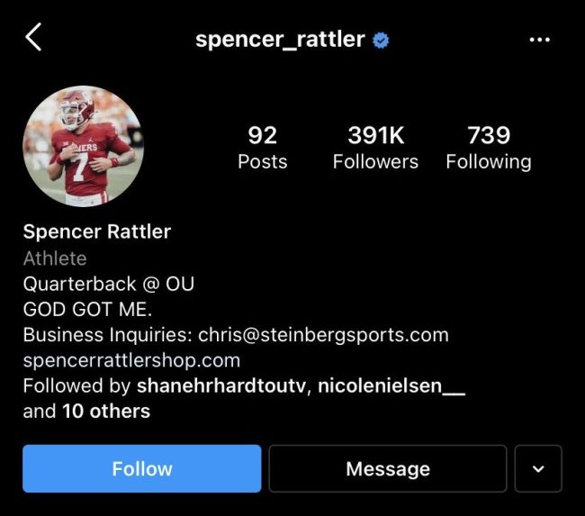 Spencer Rattler Instagram Biography Oklahoma Removed