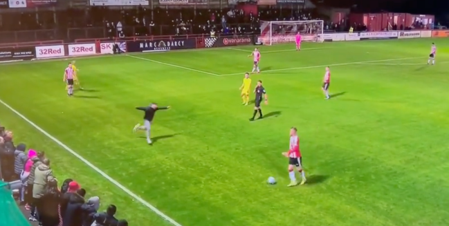 Solihull Moors Altrincham Soccer Fan On Field Slide Tackle