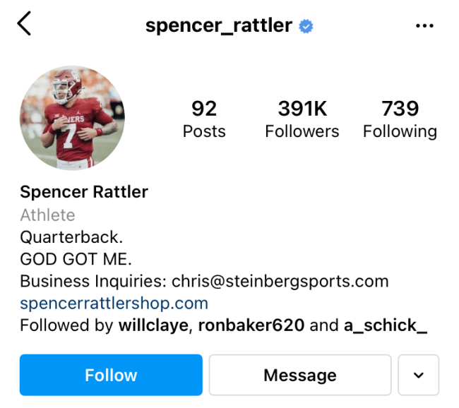 Spencer Rattler Instagram Biography Oklahoma Removed
