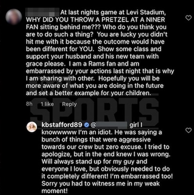 Matt Stafford wife Kelly throws pretzel at 49ers fan