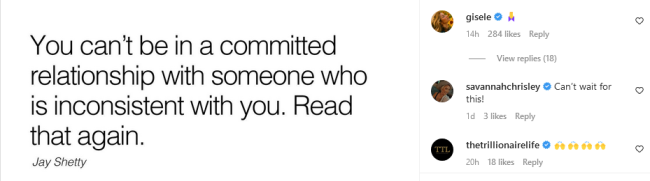 Gisele Shades Tom Brady Comment On Post About Bad Partners