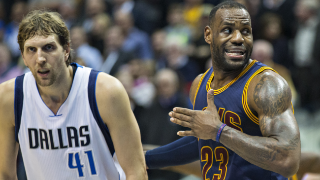 LeBron James guards Dirk Nowitski.