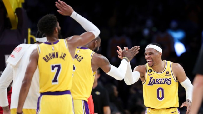 Russell Westbrook and LeBron James celebrating