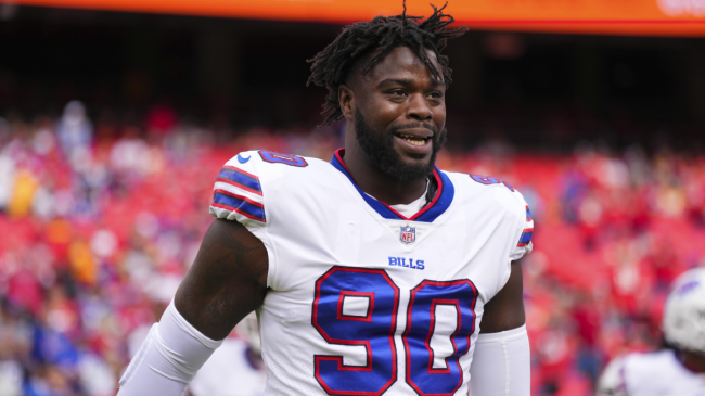 Shaq Lawson walks off the field for the Bills.