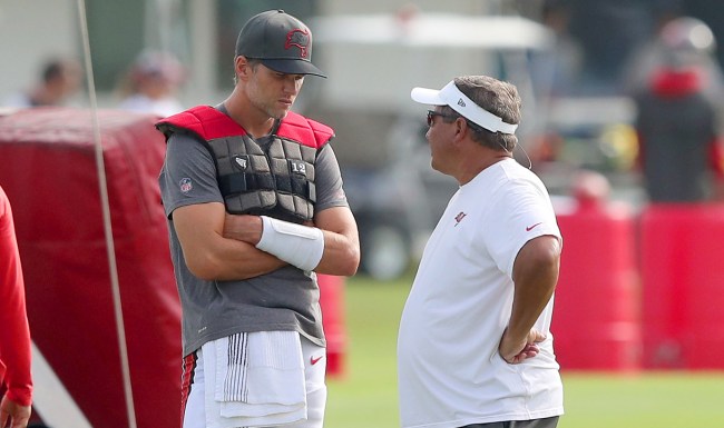 Buccaneers Coach Clyde Christensen talks to Tom Brady