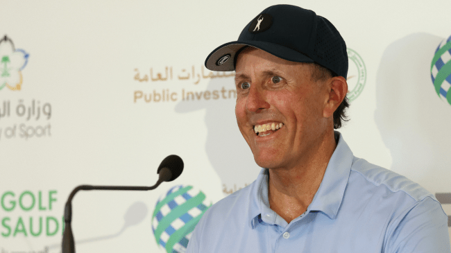 Phil Mickelson talks to the media.