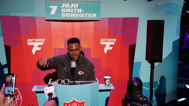 Juju Smith-Schuster speaks at Super Bowl media day.