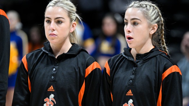Haley and Hanna Cavinder during a Miami basketball pregame.