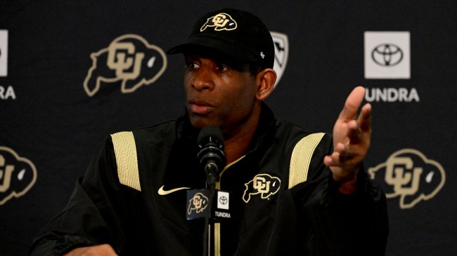 Deion Sanders speaks at a Colorado press conference.