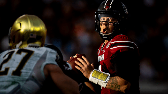 Spencer Rattler throws a pass against Notre Dame in the Gator Bowl.