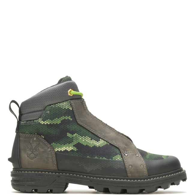 Picture of the limited edition Wolverine x Halo boot collab with green digital camo colors and laces