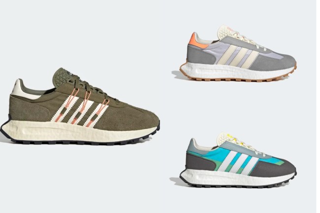 Three adidas Retropy 4 colors: Olive, gray and orange, and teal and dark gray