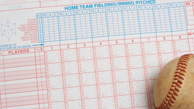 A baseball lays on a scorebook.