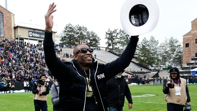 Deion Sanders celebrates at the Colorado spring game.