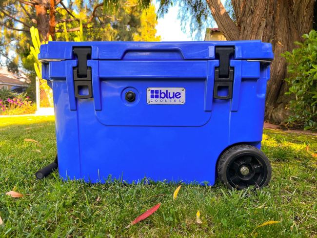 Blue Coolers hard cooler in a yard on a summer evening