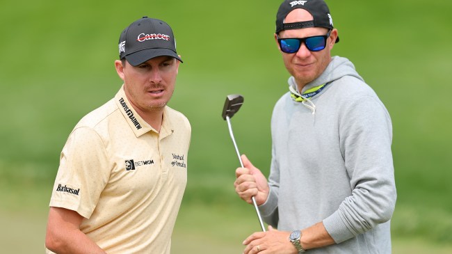 Golfer Joel Dahmen and caddie Geno Bonnalie